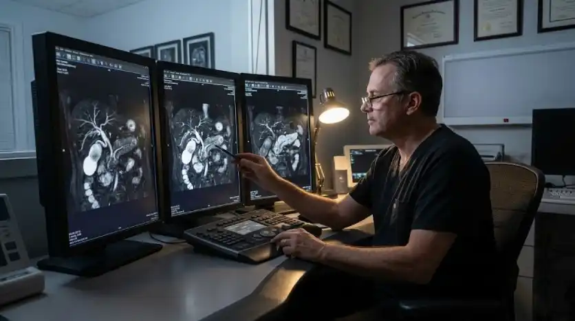 متخصص رادیولوژی در حال بررسی دقیق تصاویر باکیفیت MRCP